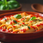 Mannacote baked pasta dish with melted cheese and marinara sauce in baking dish