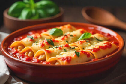 Mannacote baked pasta dish with melted cheese and marinara sauce in baking dish