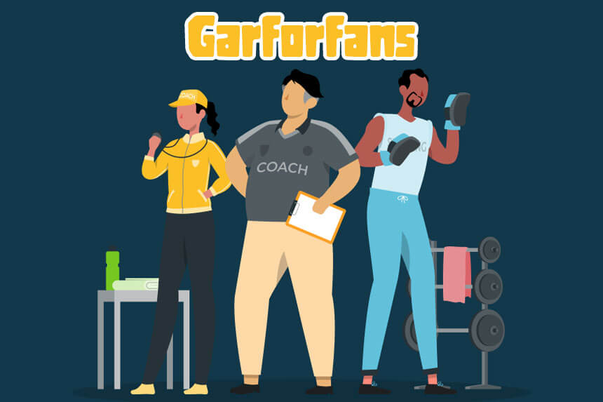 Garforfans platform illustration showing diverse fans and coach in fitness community hub