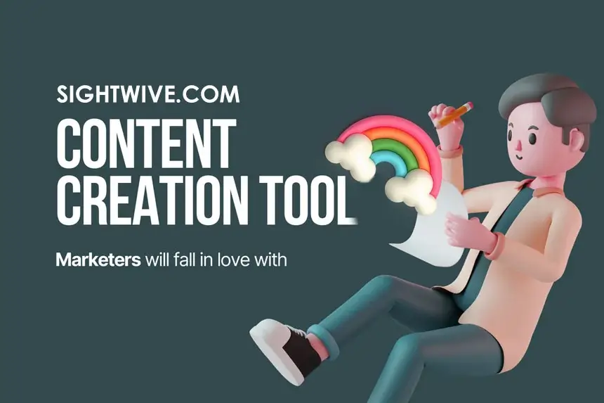 Sightwive.com content creation tool illustration showing marketer creating visual content with rainbow design elements